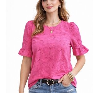 Andree by Unit Pink Eyelet Ruffle Sleeve Blouse Large